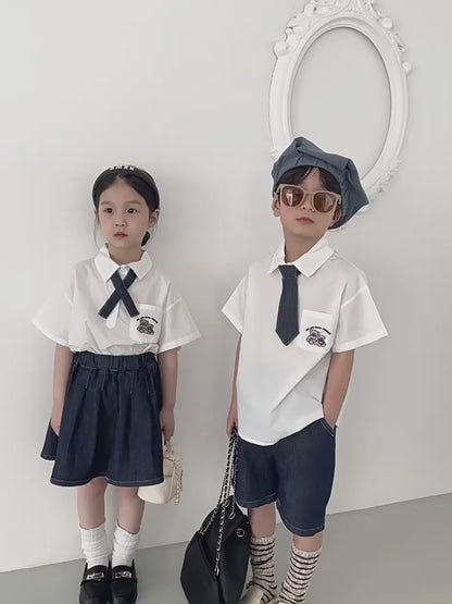 キッズ ユニフォーム 制服 セットアップ ガールズ ボーイズ セット 半袖 シャツ ブラウス デニム スカート ハーフパンツ リンクコーデ【mh0001756】