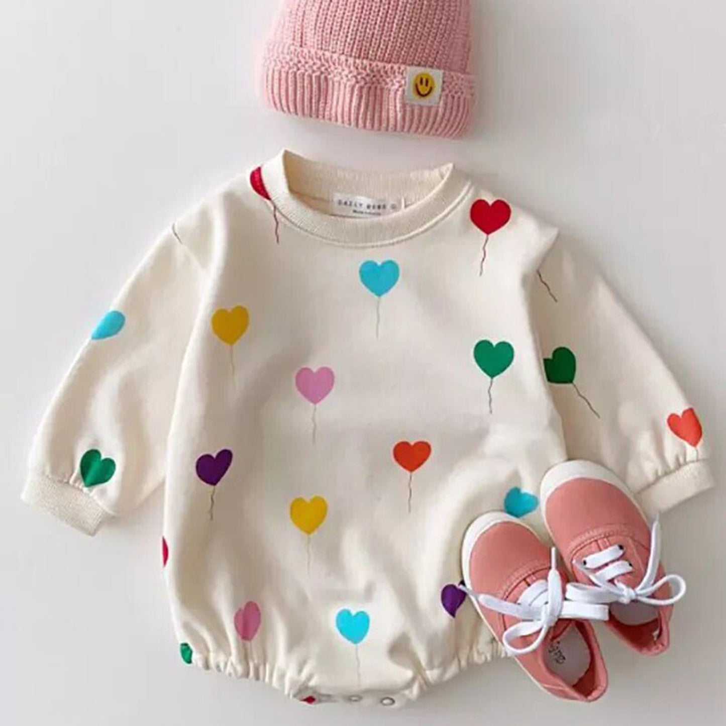 -☺︎ ベビーロンパース カラフルハート バルーンプリント 風船 長袖ロンパース - mamahalo shop - 長袖ロンパース -  べビー服 - 子供服 - 男の子 - 女の子