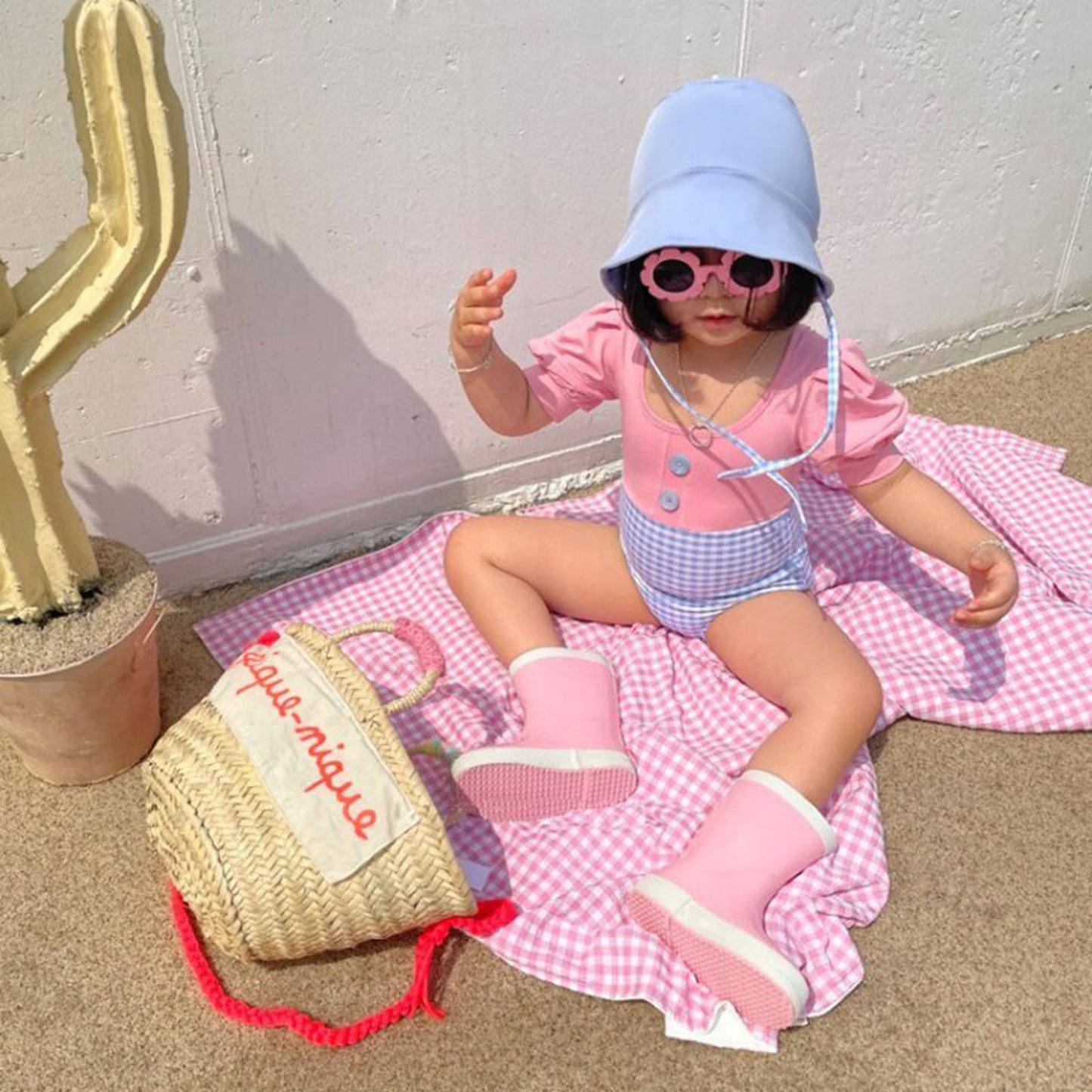 -キッズ チェック ドッキング パフスリーブ 半袖 ワンピース 水着 帽子 セット スイムスーツ【mh0000710】 - mamahalo shop - ベビー用水着 -  べビー服 - 子供服 - 男の子 - 女の子