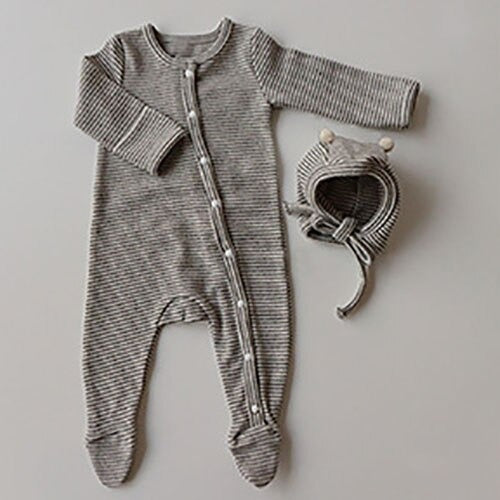 -ベビー ボーダー 足つき ロンパース ぽんぽん帽子 セット【mh0000050】 - mamahalo shop - 長袖ロンパース -  べビー服 - 子供服 - 男の子 - 女の子