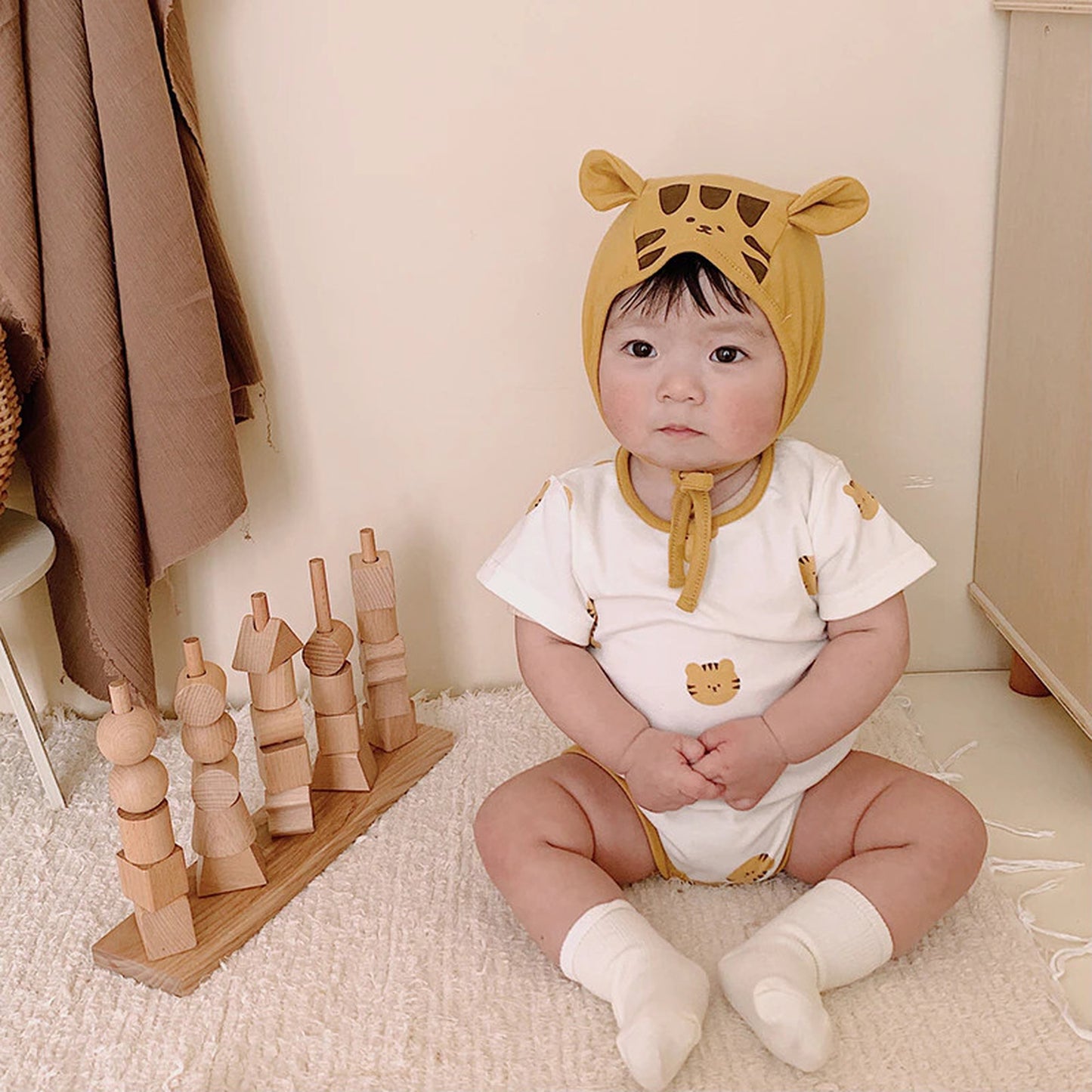 -☺︎ ベビー タイガー 虎 半袖 ロンパース 耳帽子 セット - mamahalo shop - 半袖ロンパース -  べビー服 - 子供服 - 男の子 - 女の子