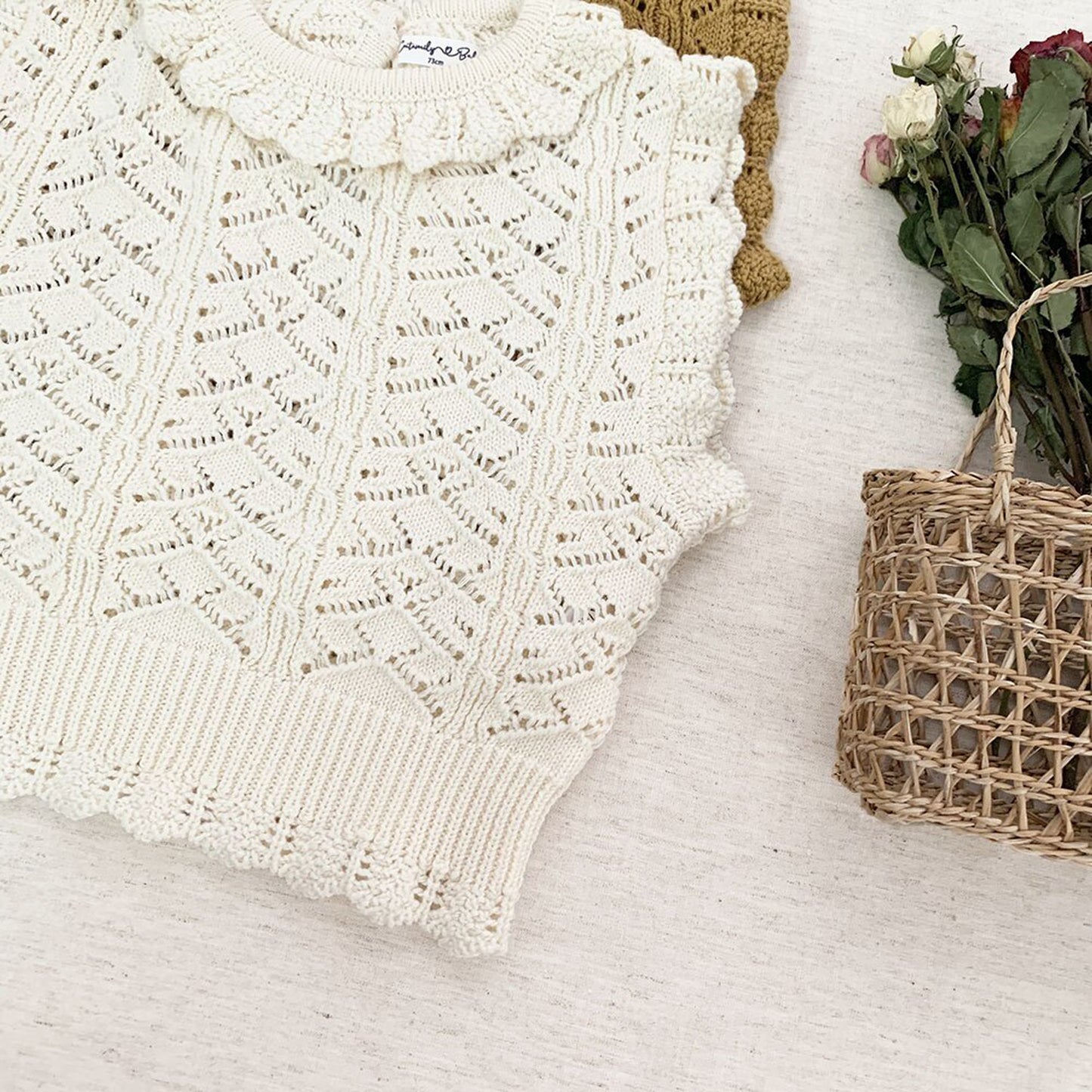 -ベビーキッズトップス レースニット フリル襟ベスト クリームアイボリー/イエロー/2カラー - mamahalo shop - ベスト -  べビー服 - 子供服 - 男の子 - 女の子