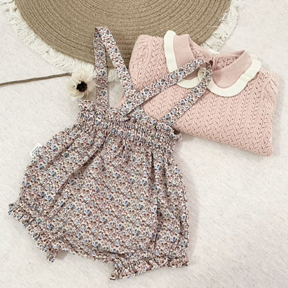 -ベビーキッズパンツ フラワー サスペンダー ブルマ フリル ショートパンツ - mamahalo shop - サロペットパンツ・サスペンダーパンツ -  べビー服 - 子供服 - 男の子 - 女の子