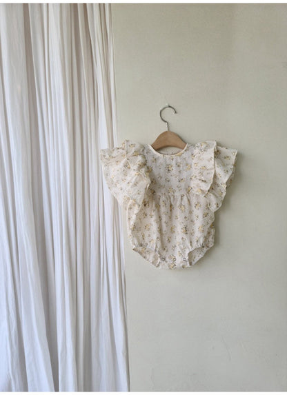 -ベビー ラッフルフリル バタフライスリーブ フラワー 無地 ロンパース - mamahalo shop - 半袖ロンパース -  べビー服 - 子供服 - 男の子 - 女の子
