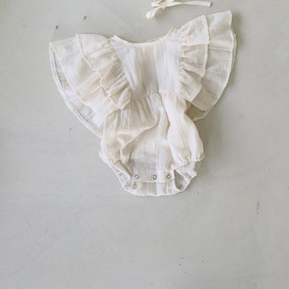 -ベビー ラッフルフリル バタフライスリーブ フラワー 無地 ロンパース - mamahalo shop - 半袖ロンパース -  べビー服 - 子供服 - 男の子 - 女の子