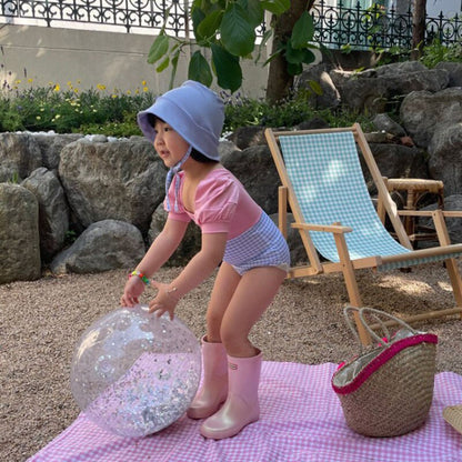 -キッズ チェック ドッキング パフスリーブ 半袖 ワンピース 水着 帽子 セット スイムスーツ【mh0000710】 - mamahalo shop - ベビー用水着 -  べビー服 - 子供服 - 男の子 - 女の子