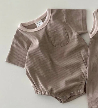 -ベビー シンプル バイピング 半袖 ロンパース ノースリーブ ジャンプスーツ - mamahalo shop - 半袖ロンパース -  べビー服 - 子供服 - 男の子 - 女の子