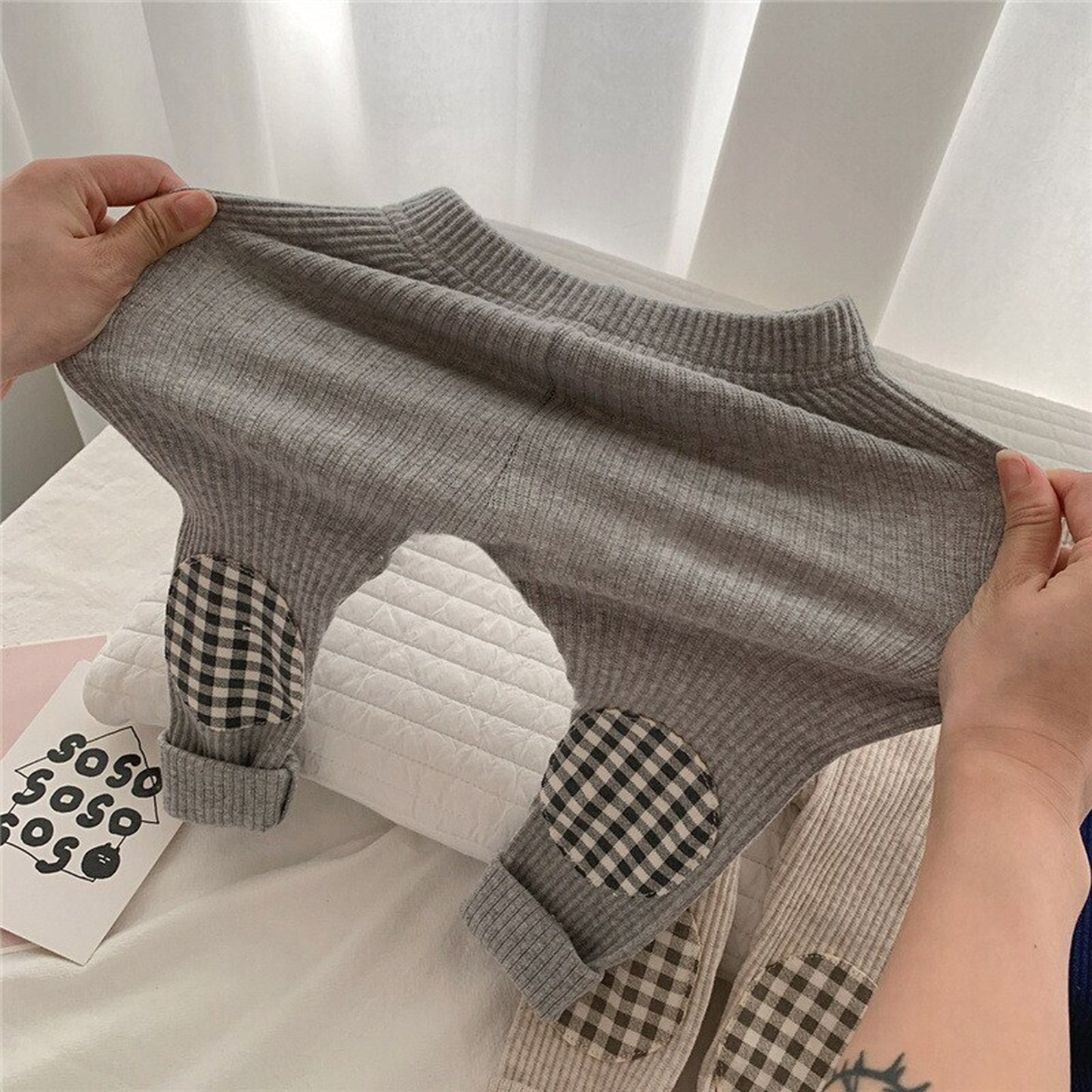 -ベビー チェック 膝パッチ リブ レギンス パンツ【mh0000623】 - mamahalo shop - レギンスパンツ -  べビー服 - 子供服 - 男の子 - 女の子