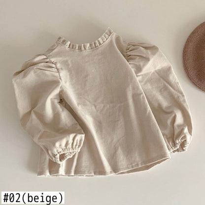 -☺︎ ベビートップス 長袖パフスリーブブラウス  ベージュ/水玉ドットプリント - mamahalo shop - 長袖Tシャツ -  べビー服 - 子供服 - 男の子 - 女の子