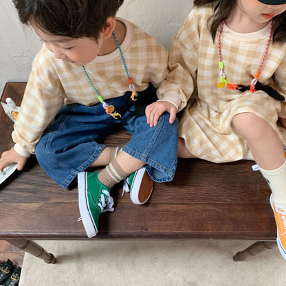 -キッズトップス ワンピース チェック 長袖Tシャツ 長袖フレアワンピース リンクコーデ 兄弟姉妹 お揃いコーデ ピンク/ベージュ/2カラー【mh0000062】 - mamahalo shop - 長袖ワンピース -  べビー服 - 子供服 - 男の子 - 女の子