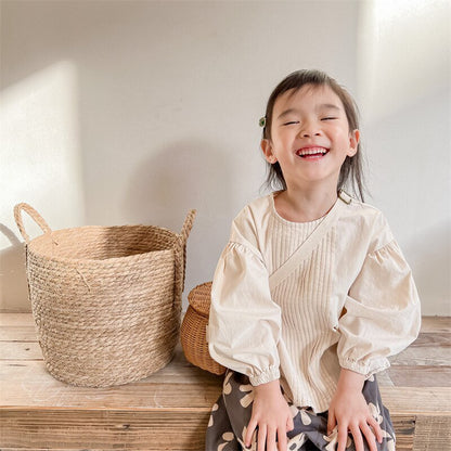 -キッズ センタープリーツ パフスリーブ 長袖 ブラウス トップス - mamahalo shop - 長袖シャツ・ブラウス -  べビー服 - 子供服 - 男の子 - 女の子