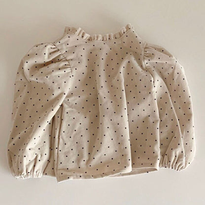 -☺︎ ベビートップス 長袖パフスリーブブラウス  ベージュ/水玉ドットプリント - mamahalo shop - 長袖Tシャツ -  べビー服 - 子供服 - 男の子 - 女の子