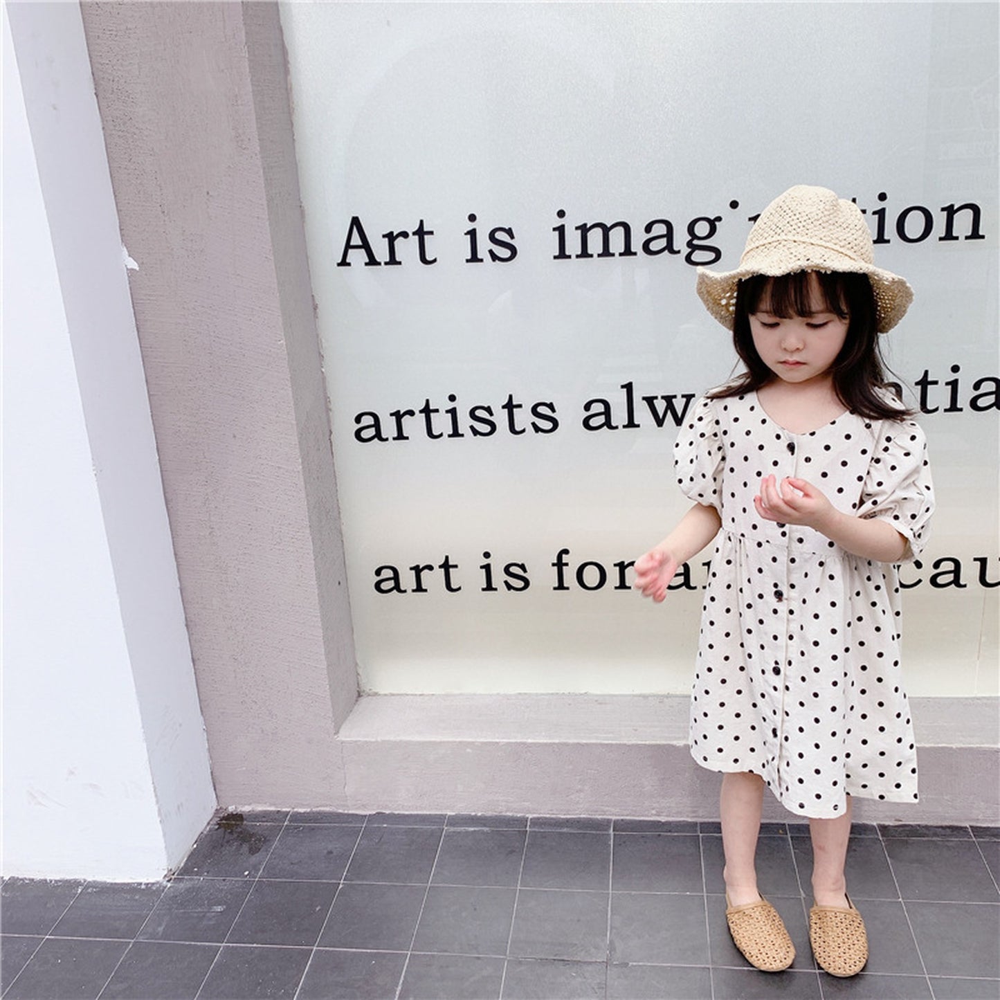 -キッズ コットンリネン 水玉 ワンピース【mh0000528】 - mamahalo shop - 半袖ワンピース -  べビー服 - 子供服 - 男の子 - 女の子