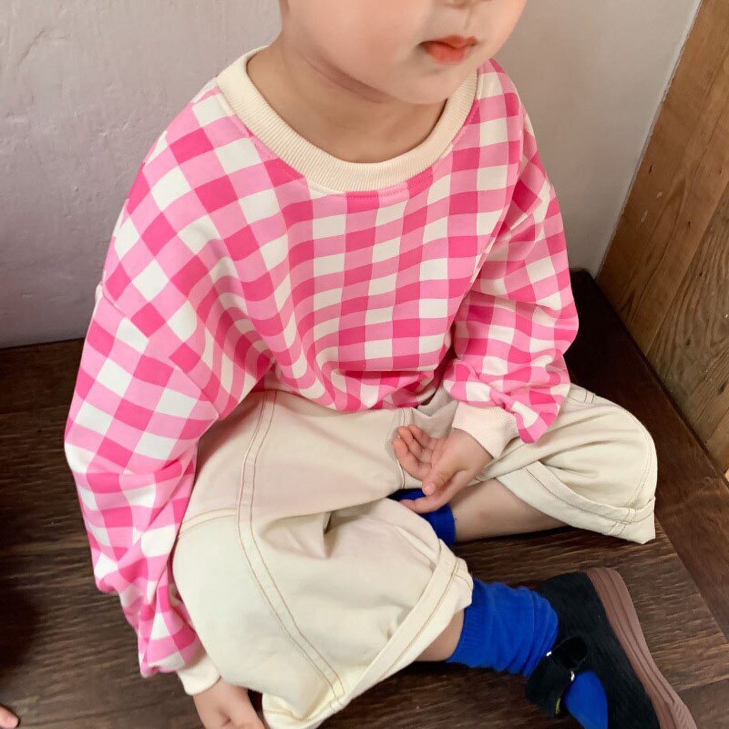 -キッズトップス ワンピース チェック 長袖Tシャツ 長袖フレアワンピース リンクコーデ 兄弟姉妹 お揃いコーデ ピンク/ベージュ/2カラー【mh0000062】 - mamahalo shop - 長袖ワンピース -  べビー服 - 子供服 - 男の子 - 女の子