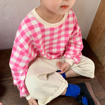 -キッズトップス ワンピース チェック 長袖Tシャツ 長袖フレアワンピース リンクコーデ 兄弟姉妹 お揃いコーデ ピンク/ベージュ/2カラー【mh0000062】 - mamahalo shop - 長袖ワンピース -  べビー服 - 子供服 - 男の子 - 女の子