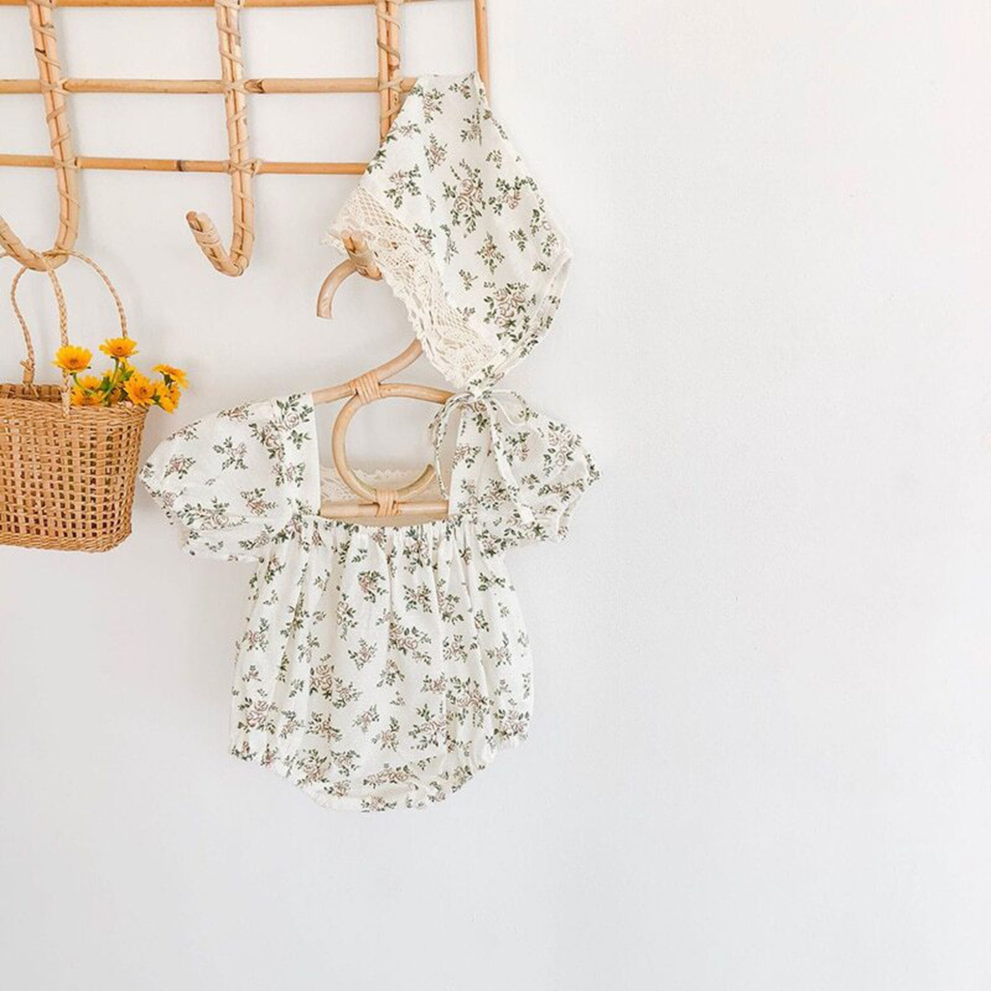 -ベビー フラワー 半袖 ロンパース ボンネット セット - mamahalo shop - 半袖ロンパース -  べビー服 - 子供服 - 男の子 - 女の子