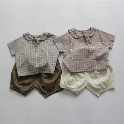 -キッズトップス セーラーカラー チェック リボン 半袖ブラウス - mamahalo shop - 半袖シャツ・ブラウス -  べビー服 - 子供服 - 男の子 - 女の子