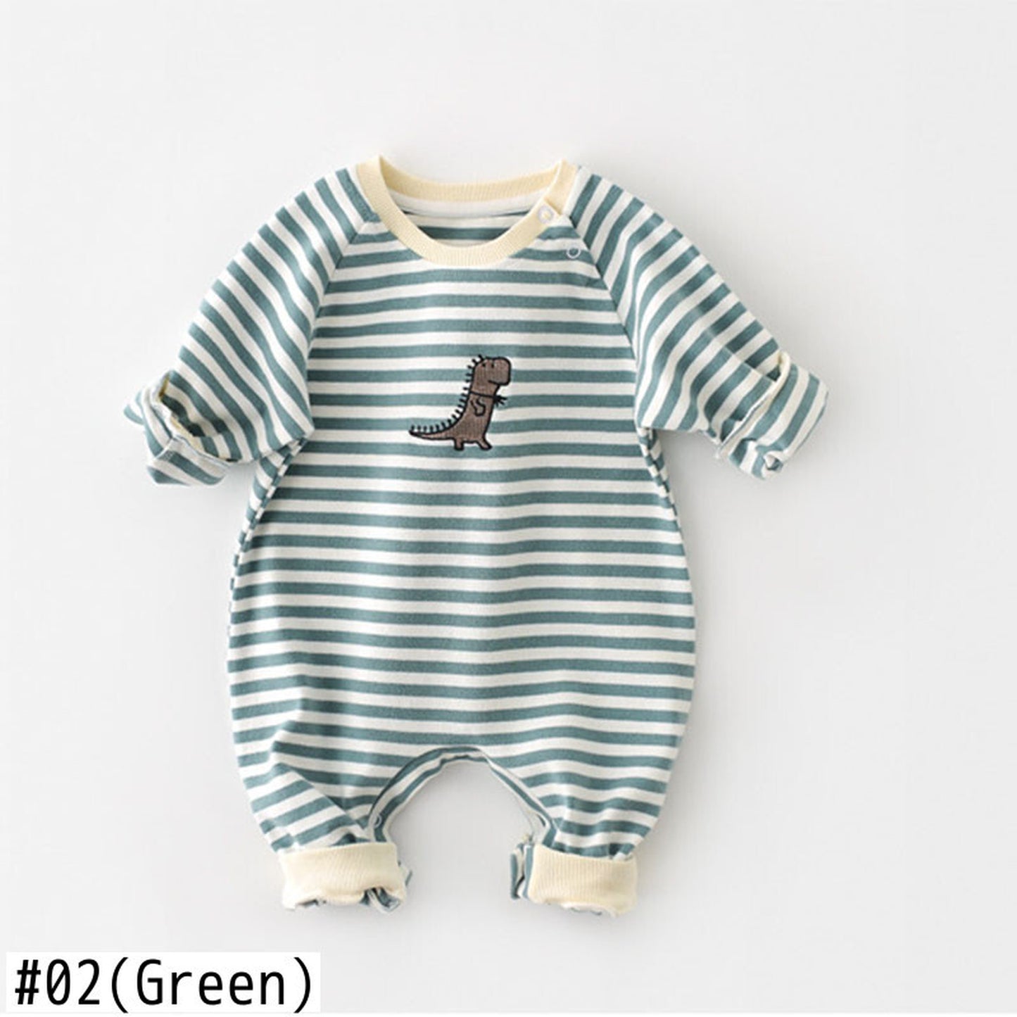 -ベビー ボーダー 恐竜 刺繍 ロンパース【mh0000372】 - mamahalo shop - 長袖ロンパース -  べビー服 - 子供服 - 男の子 - 女の子