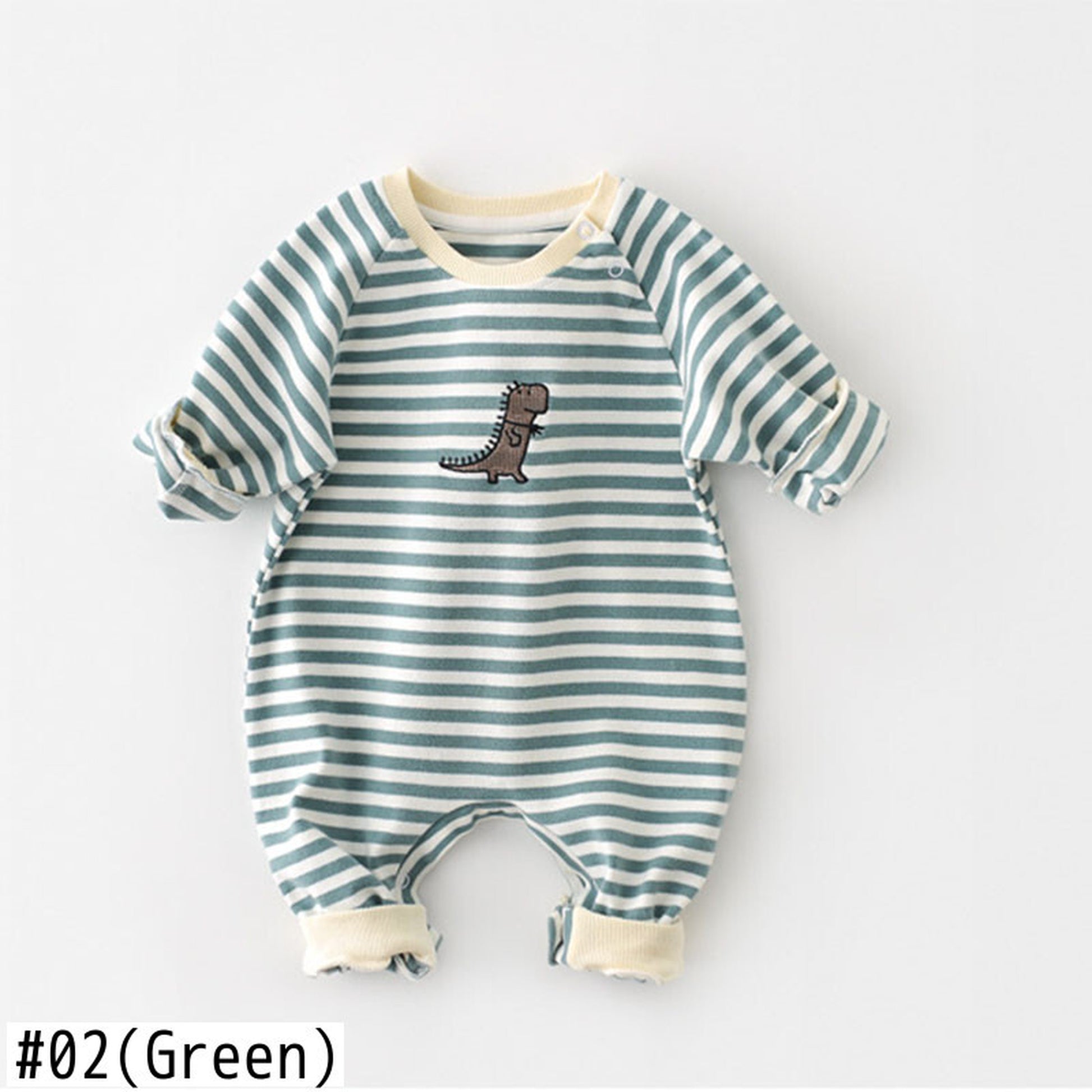 -ベビー ボーダー 恐竜 刺繍 ロンパース【mh0000372】 - mamahalo shop - 長袖ロンパース -  べビー服 - 子供服 - 男の子 - 女の子