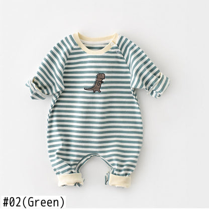 -ベビー ボーダー 恐竜 刺繍 ロンパース【mh0000372】 - mamahalo shop - 長袖ロンパース -  べビー服 - 子供服 - 男の子 - 女の子
