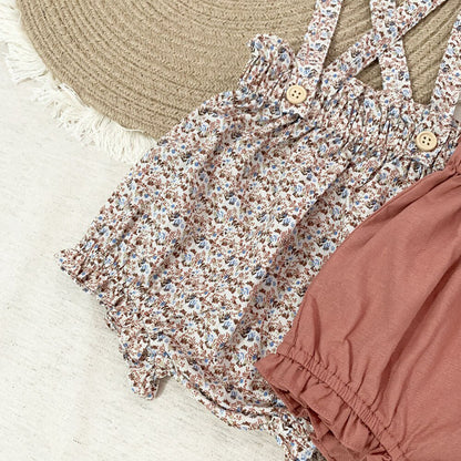 -ベビーキッズパンツ フラワー サスペンダー ブルマ フリル ショートパンツ - mamahalo shop - サロペットパンツ・サスペンダーパンツ -  べビー服 - 子供服 - 男の子 - 女の子