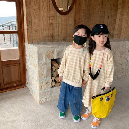 -キッズトップス ワンピース チェック 長袖Tシャツ 長袖フレアワンピース リンクコーデ 兄弟姉妹 お揃いコーデ ピンク/ベージュ/2カラー【mh0000062】 - mamahalo shop - 長袖ワンピース -  べビー服 - 子供服 - 男の子 - 女の子