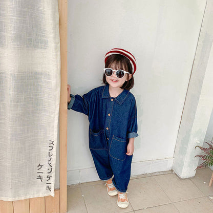 -キッズ デニム つなぎ オールインワン ジャンプスーツ【mh0000225】 - mamahalo shop - 長袖ジャンプスーツ -  べビー服 - 子供服 - 男の子 - 女の子