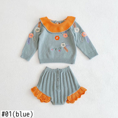 -ベビー セットアップ ニット フラワー 刺繍 セーター トップス フリル パンツ - mamahalo shop - 長袖セットアップ -  べビー服 - 子供服 - 男の子 - 女の子