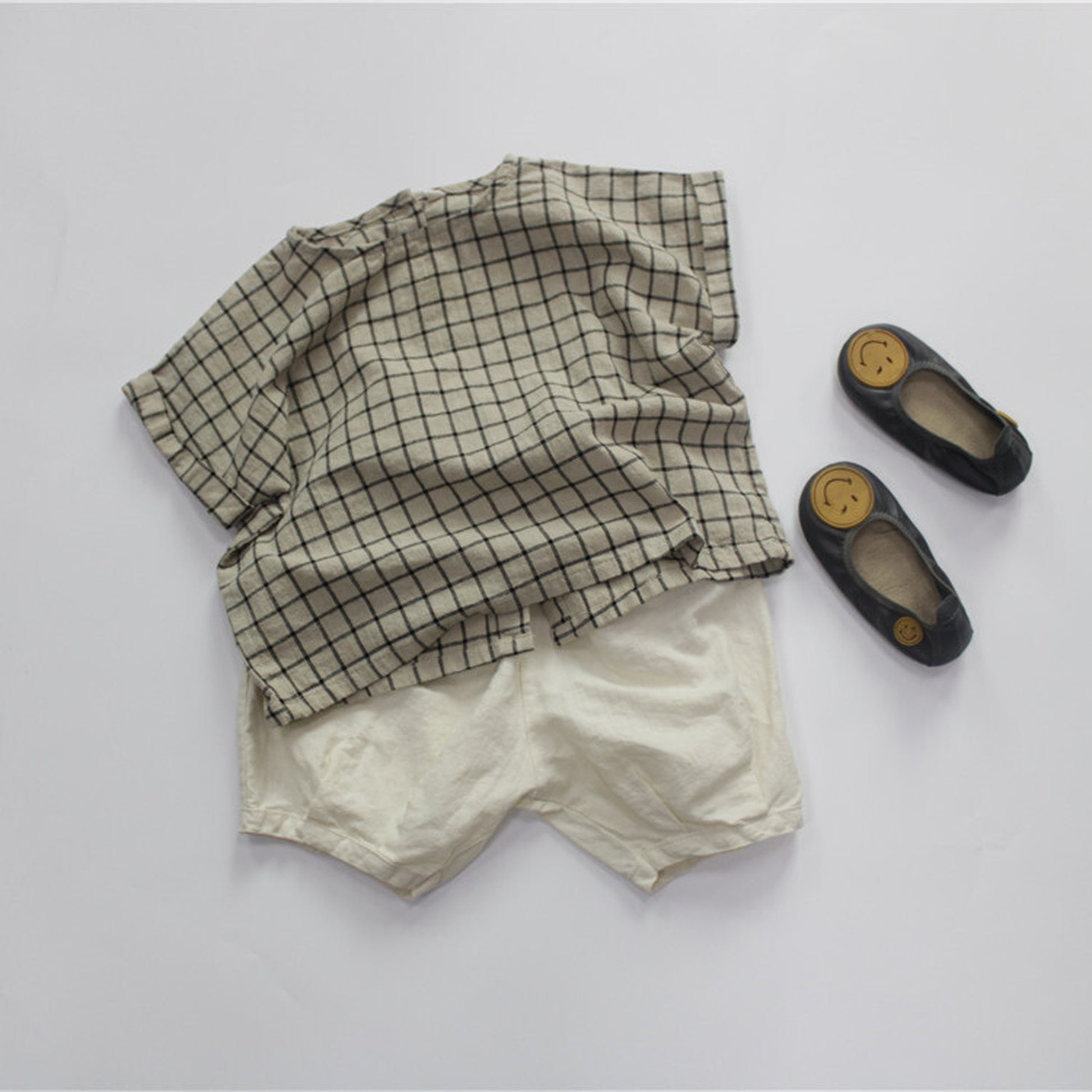 -キッズ コットンリネン チェック 半袖シャツ - mamahalo shop - 半袖シャツ・ブラウス -  べビー服 - 子供服 - 男の子 - 女の子