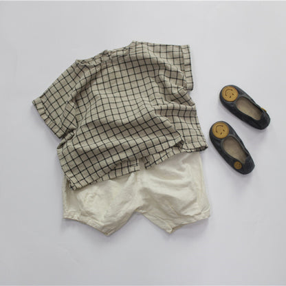 -キッズ コットンリネン チェック 半袖シャツ - mamahalo shop - 半袖シャツ・ブラウス -  べビー服 - 子供服 - 男の子 - 女の子