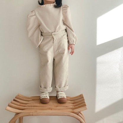 -☺︎ ベビートップス 長袖パフスリーブブラウス  ベージュ/水玉ドットプリント - mamahalo shop - 長袖Tシャツ -  べビー服 - 子供服 - 男の子 - 女の子