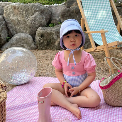-キッズ チェック ドッキング パフスリーブ 半袖 ワンピース 水着 帽子 セット スイムスーツ【mh0000710】 - mamahalo shop - ベビー用水着 -  べビー服 - 子供服 - 男の子 - 女の子