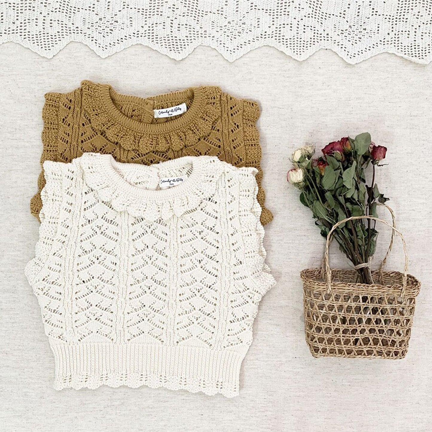 -ベビーキッズトップス レースニット フリル襟ベスト クリームアイボリー/イエロー/2カラー - mamahalo shop - ベスト -  べビー服 - 子供服 - 男の子 - 女の子