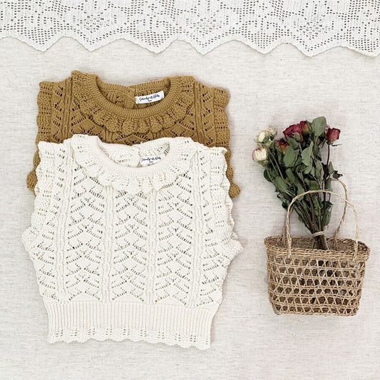 -ベビーキッズトップス レースニット フリル襟ベスト クリームアイボリー/イエロー/2カラー - mamahalo shop - ベスト -  べビー服 - 子供服 - 男の子 - 女の子