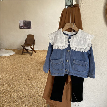 -キッズ フラワー レース襟 デニム ジャケット - mamahalo shop - ショートコート・ジャケット・ジャンパー -  べビー服 - 子供服 - 男の子 - 女の子