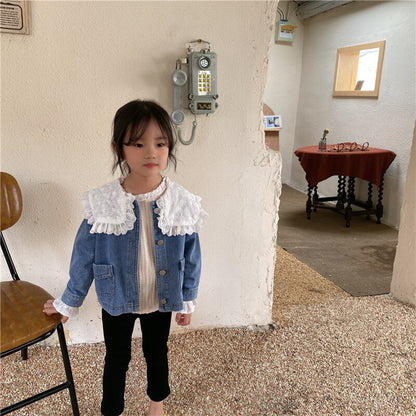 -キッズ フラワー レース襟 デニム ジャケット - mamahalo shop - ショートコート・ジャケット・ジャンパー -  べビー服 - 子供服 - 男の子 - 女の子