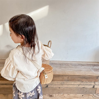 -キッズ センタープリーツ パフスリーブ 長袖 ブラウス トップス - mamahalo shop - 長袖シャツ・ブラウス -  べビー服 - 子供服 - 男の子 - 女の子