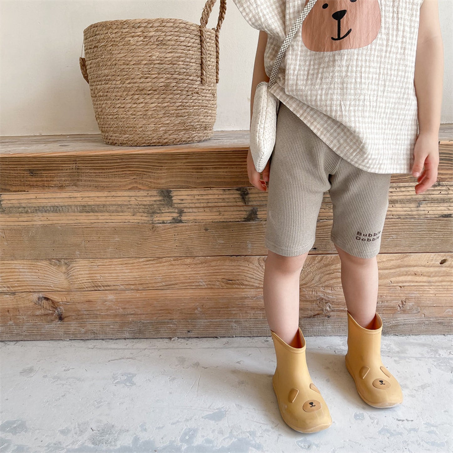 -キッズ レターロゴ ワッフル ハーフ レギンス パンツ - mamahalo shop - レギンスパンツ -  べビー服 - 子供服 - 男の子 - 女の子