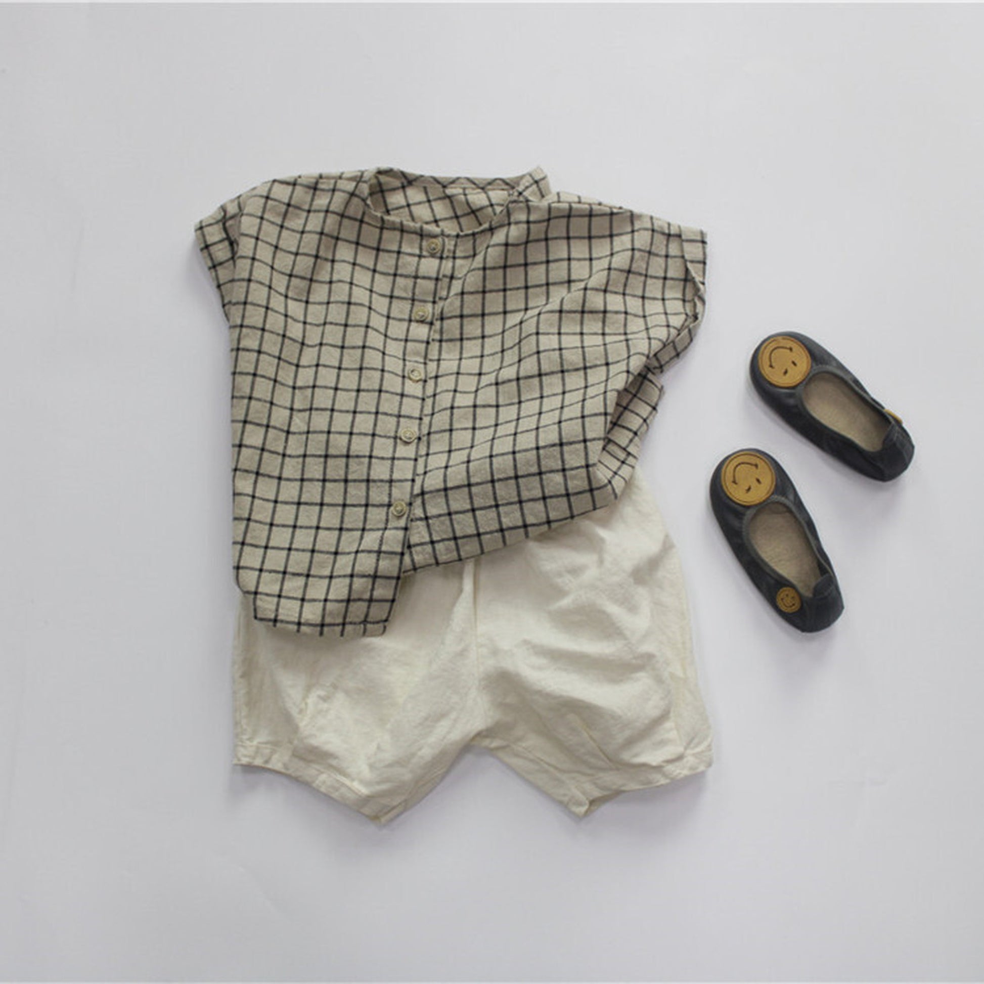 -キッズ コットンリネン チェック 半袖シャツ - mamahalo shop - 半袖シャツ・ブラウス -  べビー服 - 子供服 - 男の子 - 女の子