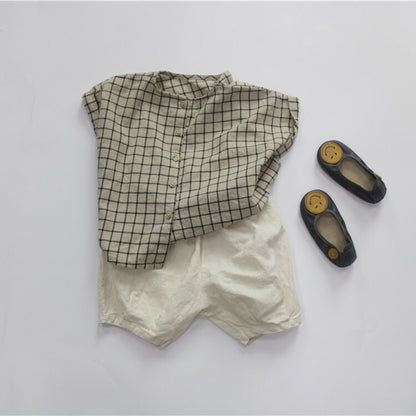 -キッズ コットンリネン チェック 半袖シャツ - mamahalo shop - 半袖シャツ・ブラウス -  べビー服 - 子供服 - 男の子 - 女の子