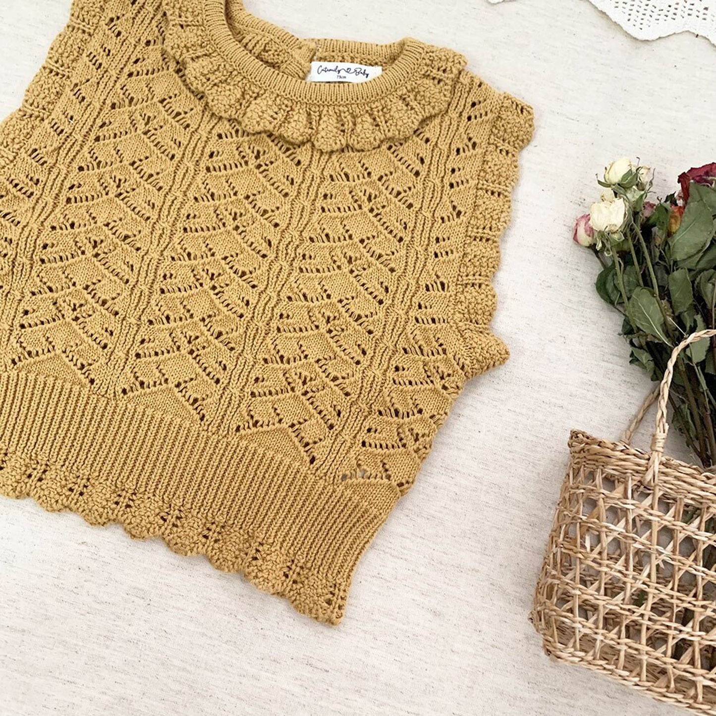 -ベビーキッズトップス レースニット フリル襟ベスト クリームアイボリー/イエロー/2カラー - mamahalo shop - ベスト -  べビー服 - 子供服 - 男の子 - 女の子