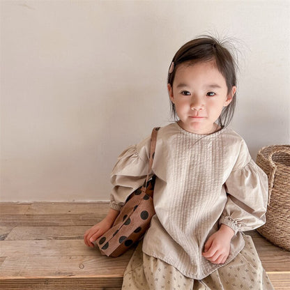 -キッズ センタープリーツ パフスリーブ 長袖 ブラウス トップス - mamahalo shop - 長袖シャツ・ブラウス -  べビー服 - 子供服 - 男の子 - 女の子