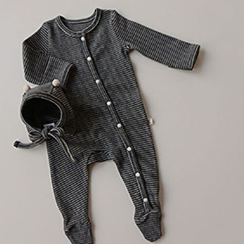 -ベビー ボーダー 足つき ロンパース ぽんぽん帽子 セット【mh0000050】 - mamahalo shop - 長袖ロンパース -  べビー服 - 子供服 - 男の子 - 女の子