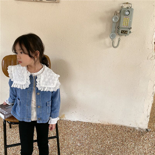 -キッズ フラワー レース襟 デニム ジャケット - mamahalo shop - ショートコート・ジャケット・ジャンパー -  べビー服 - 子供服 - 男の子 - 女の子
