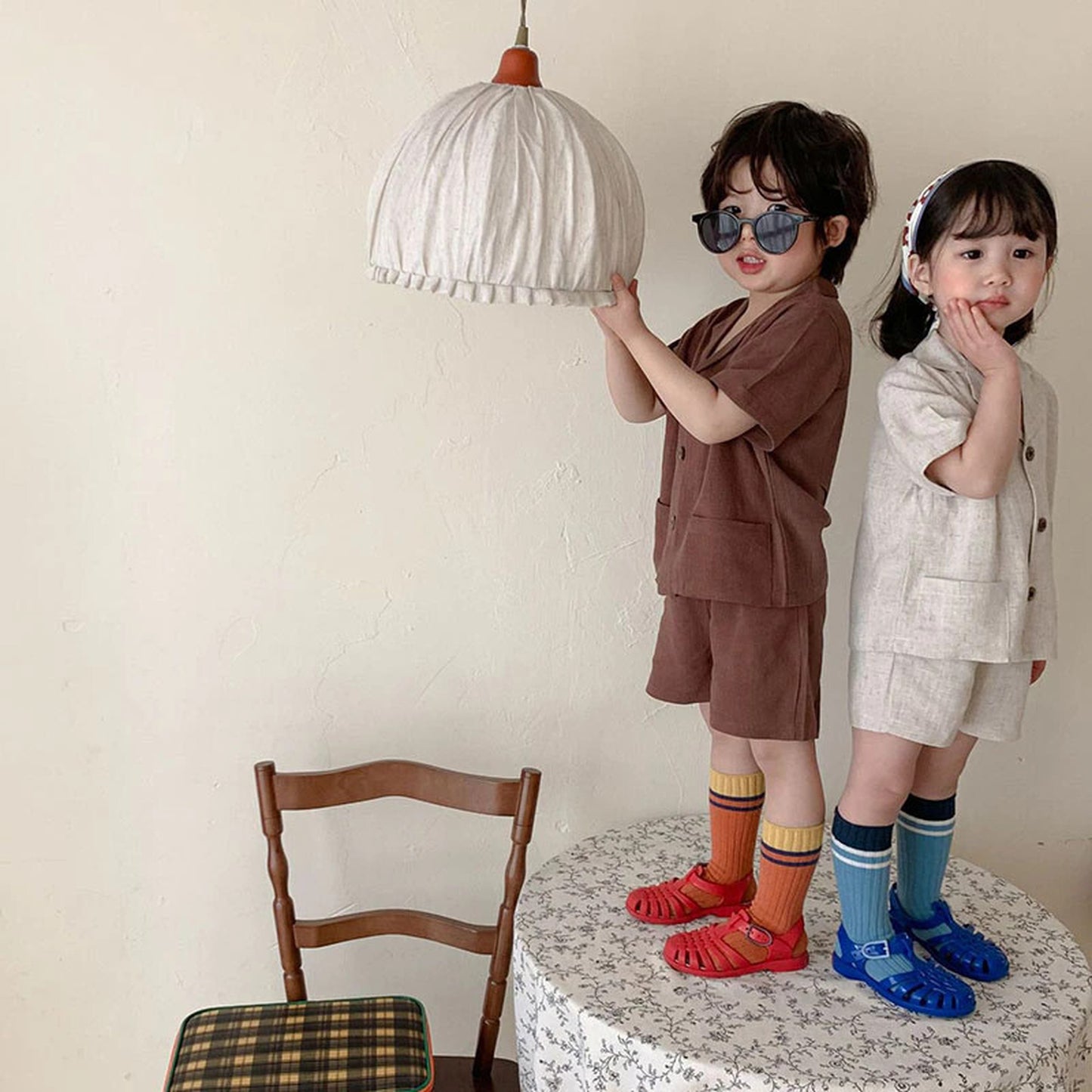 -☺︎ キッズ セットアップ 半袖シャツ ショートパンツ ベージュ/コーヒー/2カラー - mamahalo shop - 半袖セットアップ -  べビー服 - 子供服 - 男の子 - 女の子