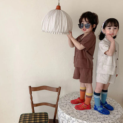 -☺︎ キッズ セットアップ 半袖シャツ ショートパンツ ベージュ/コーヒー/2カラー - mamahalo shop - 半袖セットアップ -  べビー服 - 子供服 - 男の子 - 女の子