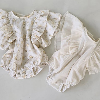 -ベビー ラッフルフリル バタフライスリーブ フラワー 無地 ロンパース - mamahalo shop - 半袖ロンパース -  べビー服 - 子供服 - 男の子 - 女の子