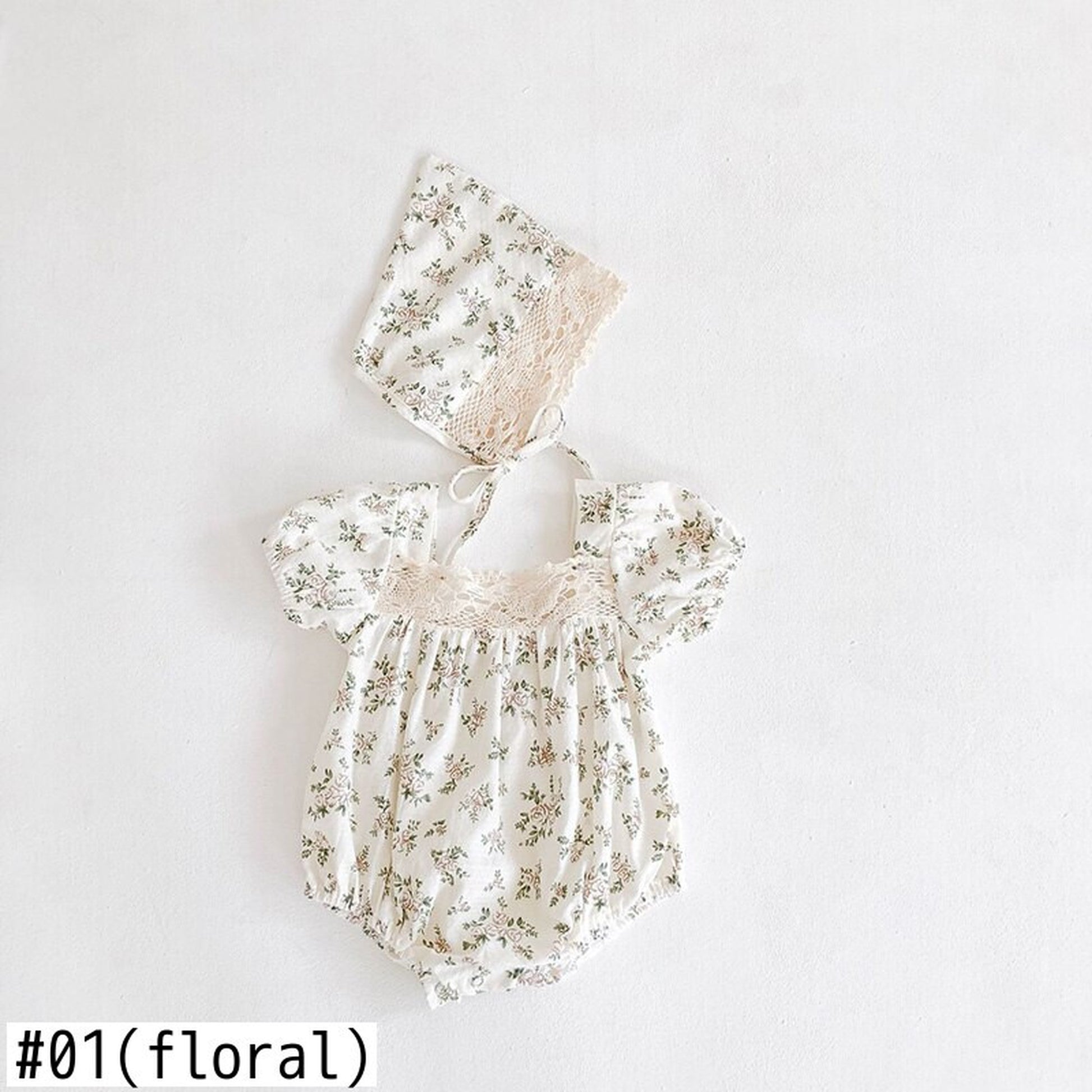 -ベビー フラワー 半袖 ロンパース ボンネット セット - mamahalo shop - 半袖ロンパース -  べビー服 - 子供服 - 男の子 - 女の子