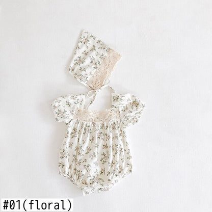 -ベビー フラワー 半袖 ロンパース ボンネット セット - mamahalo shop - 半袖ロンパース -  べビー服 - 子供服 - 男の子 - 女の子