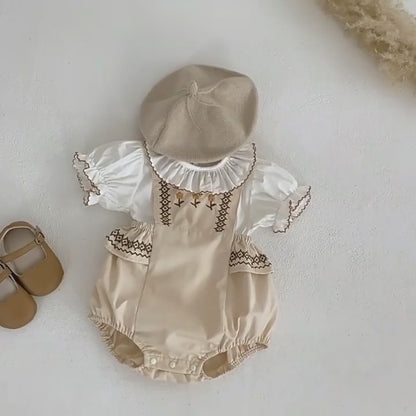 ベビー 刺繍 ステッチ フラワー ノースリーブ ロンパース 半袖 ブラウス シャツ トップス【mh0001782】